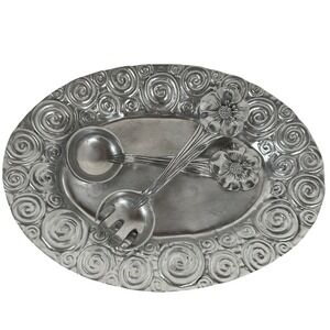 Y2K Silver Spiral Platter Floral Serving Spoons Set 3pc Hostess Gift